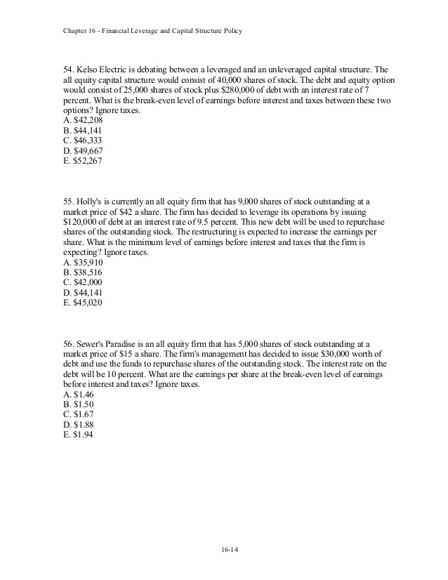 Leverage and Capital structure multiple choice questions