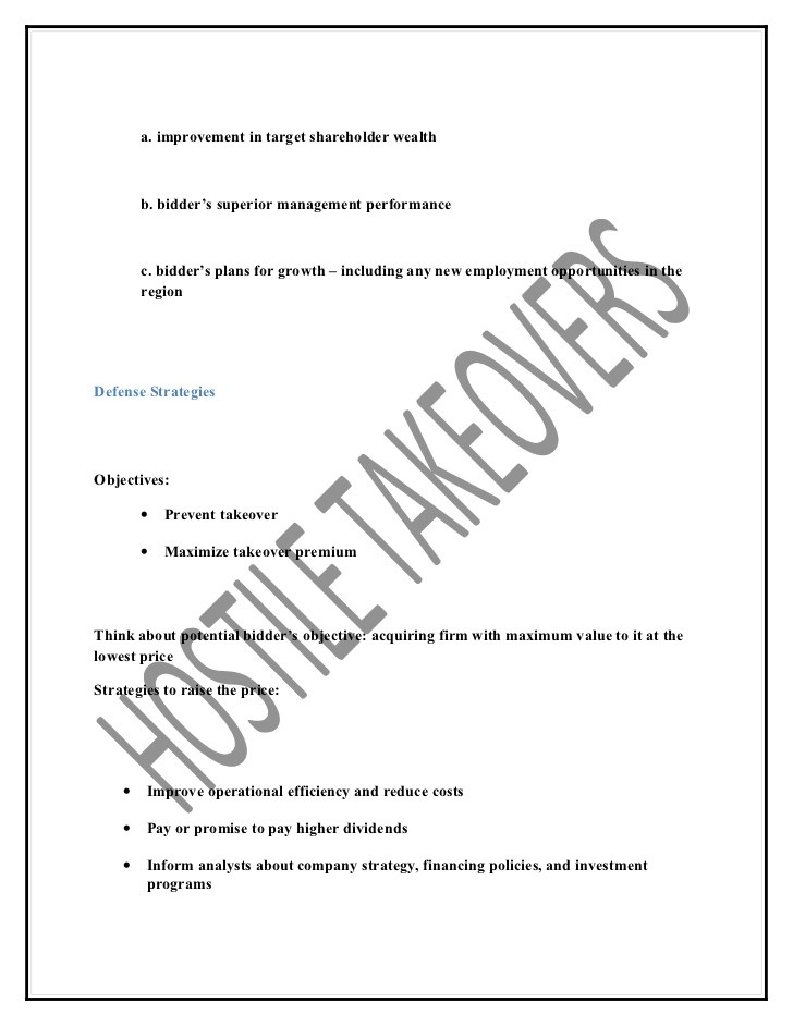 Takeover Defense Help for Strategy for creating Value