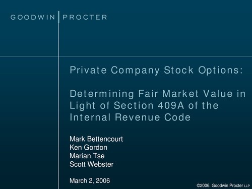 Valuing Private Company Stock And Stock Options Valuing Private Company Stock And Stock Options