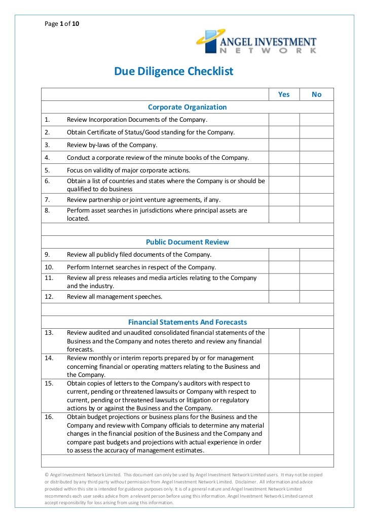 Due Diligence Checklist Angel Investors