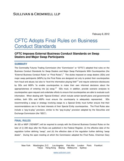 CFTC Adopts Final Business Conduct Standards for Swap Dealers and Major Swap Participants