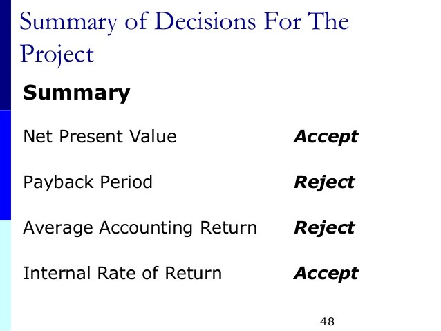 Invest in the project or reject the project NPV IRR Average Rate of Return Payback Method by