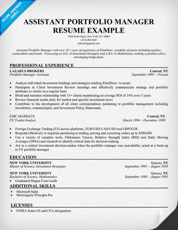 Sample Portfolio Manager Resume